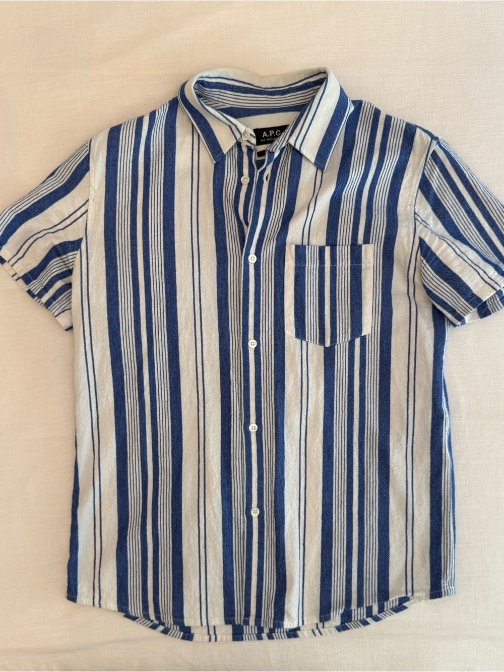 A.P.C. Blue and White Vertical Stripe Short-Sleeve Button-Up Shirt